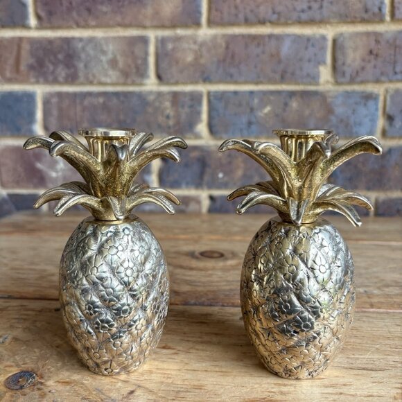 Vintage MCM Solid Brass Pineapple Candlestick Holders Set Of 2 - Picture 1 of 11